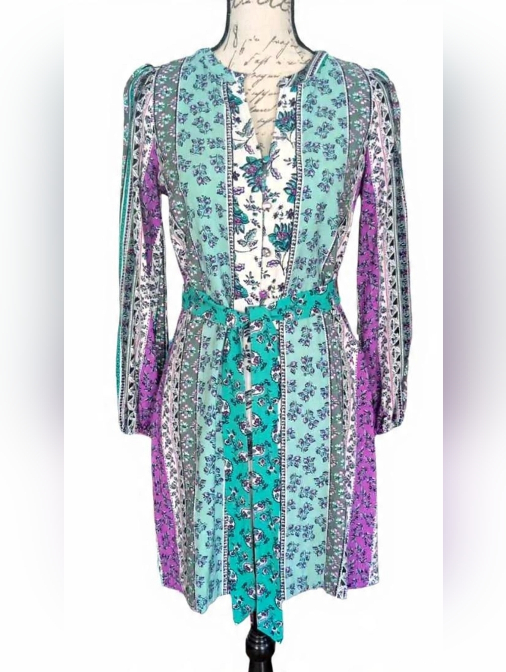 LOFT Mint & Lavender Floral Belted Long-Sleeve Dress